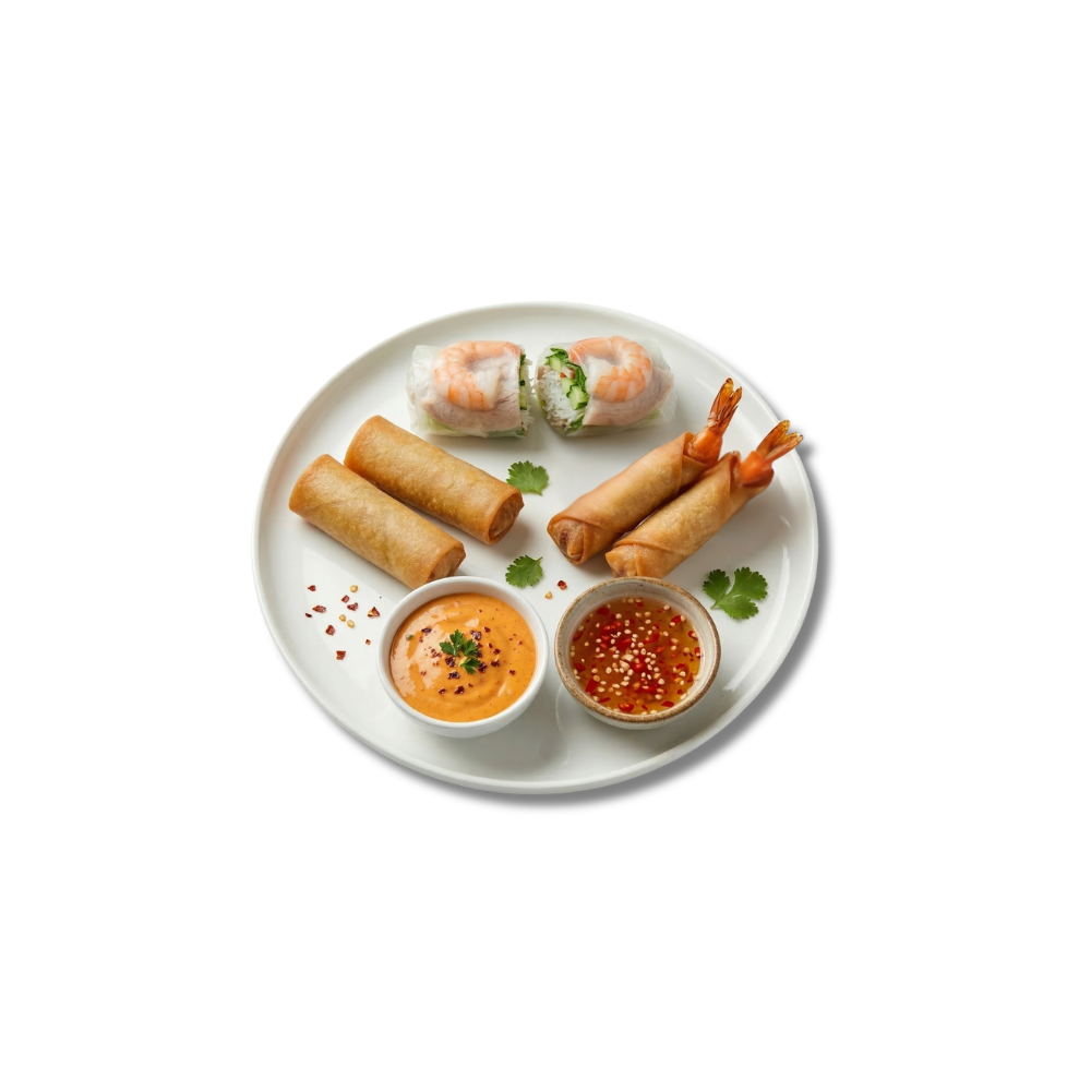 Sampler of fresh rolls and crispy fried rolls with two dipping sauces